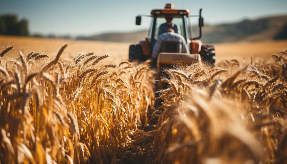 a farm worker harvesting wheat while driving a tractor in the golden sunset