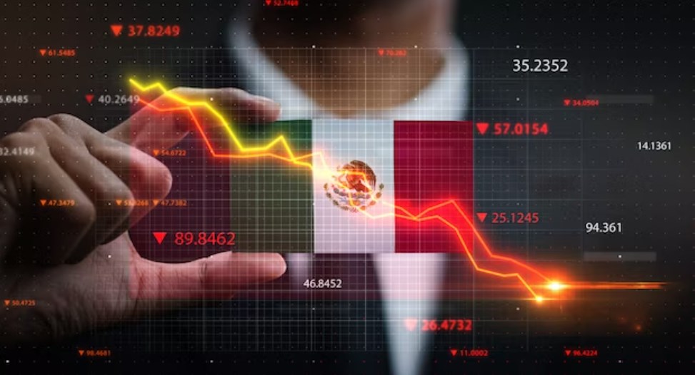 a virtual graph curves falling with a person holding The Flag of the United Mexican States